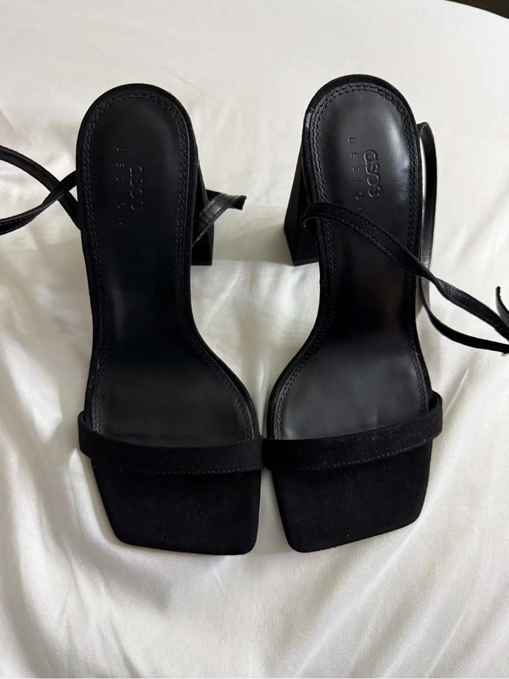 ASOS Black Suede Square-Toe Block Heel Sandals with Ankle Tie
